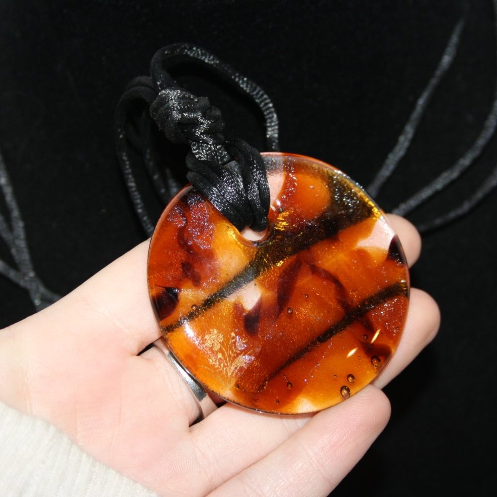 Beautiful black satin cord necklace with brown glass pendant up to 36"